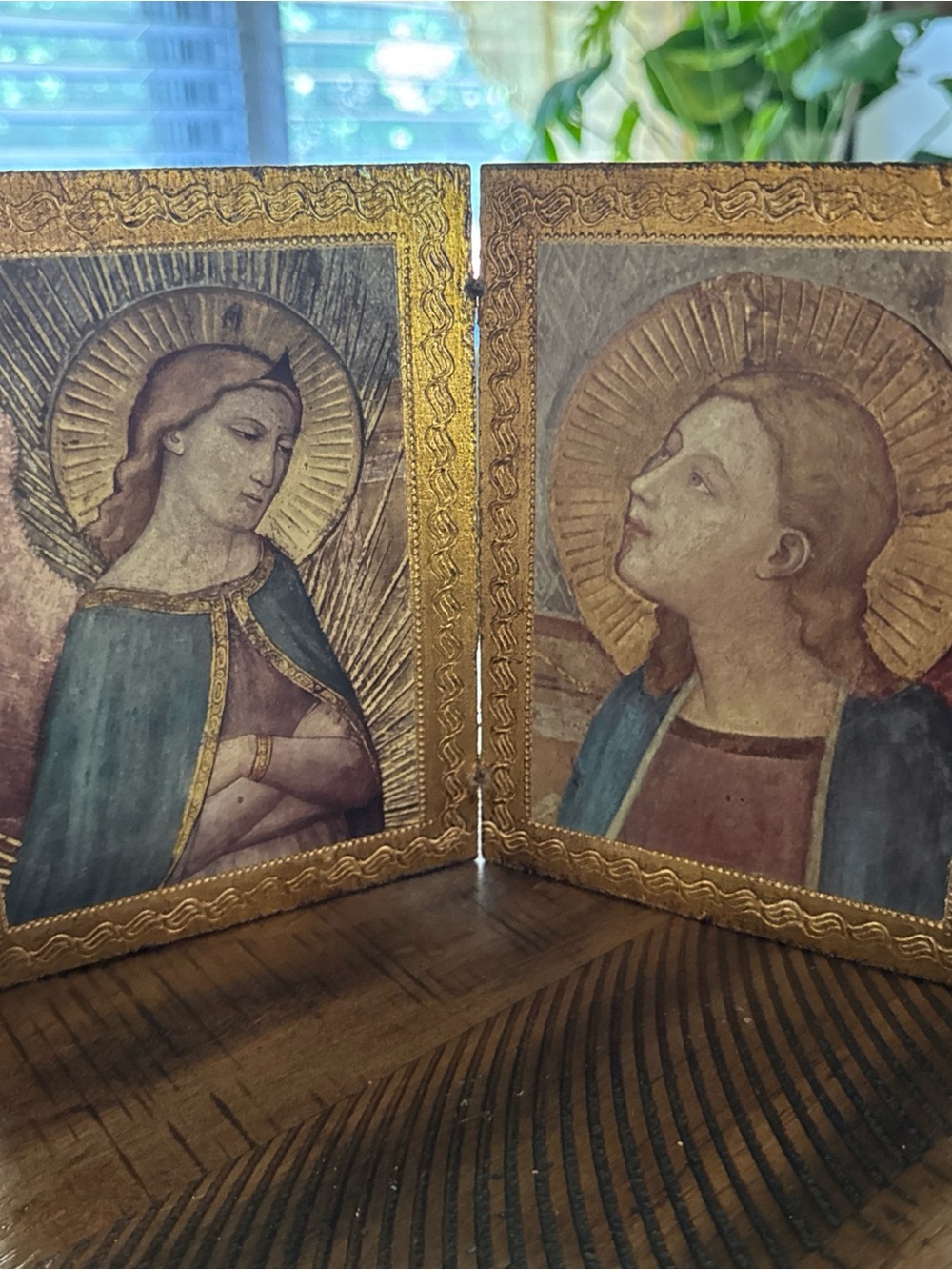 Florentine Triptych Featuring Reproduction Raphael’s Virgin Mary giltwood frames